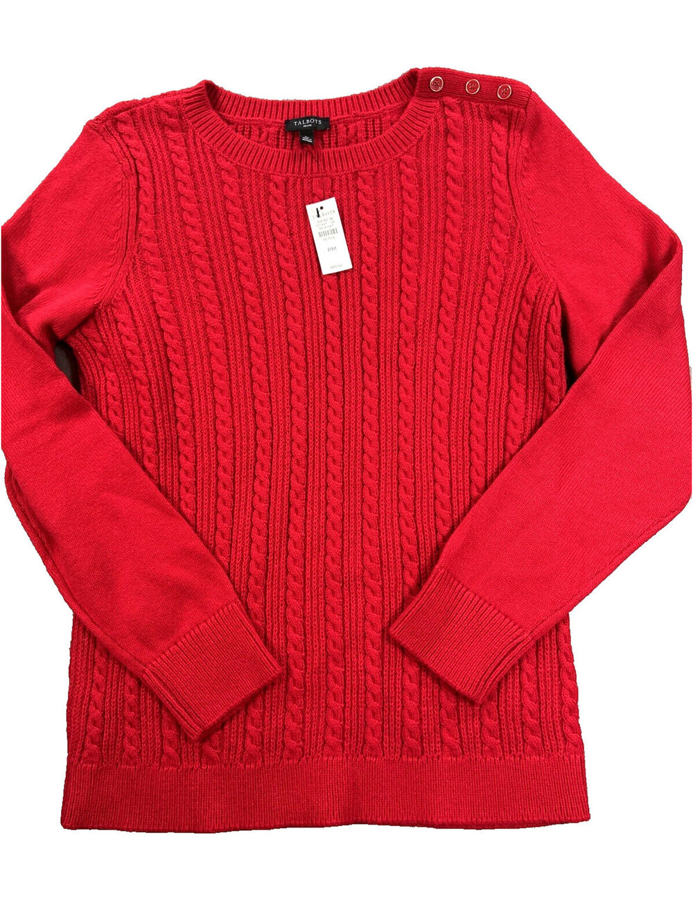 Talbots NWT M Pet. Red Cable Knit Button Shoulder Long Sleeve Pullover Sweater